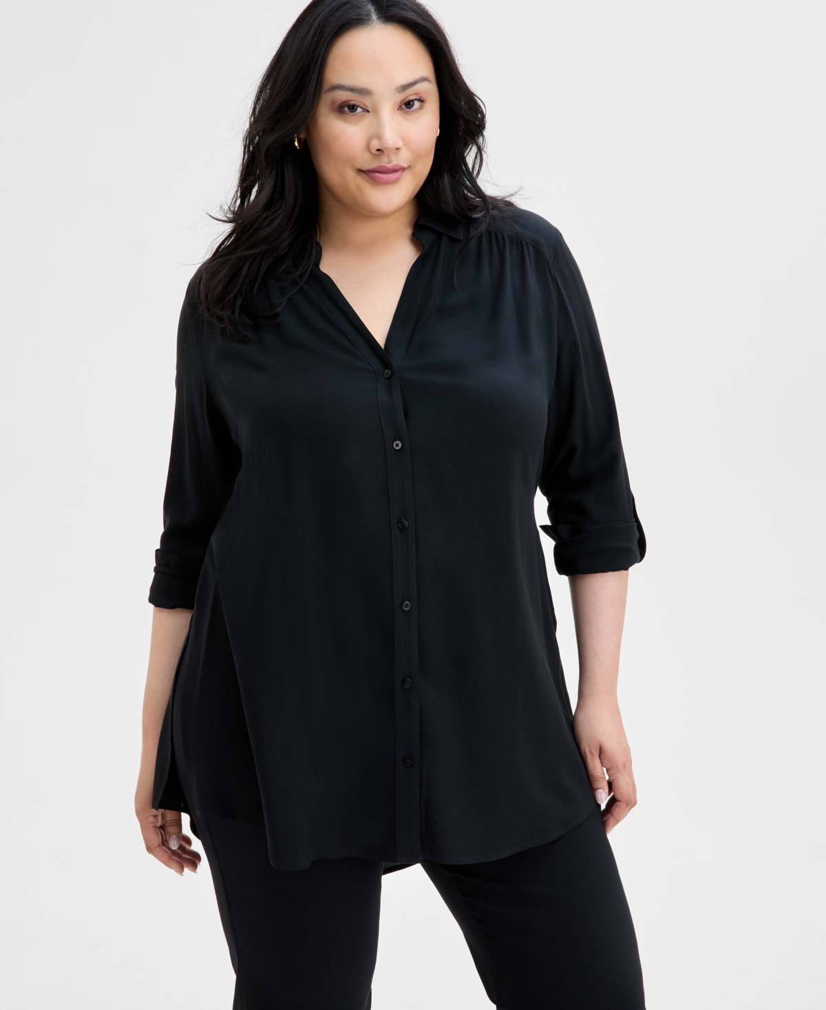Inc International Concepts Plus Size Side-slit Top, Created For Macy's In Deep Black
