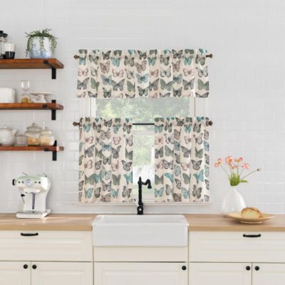 Magdalena Butterfly Print Sheer Rod Pocket Kitchen Curtain Tier Pair