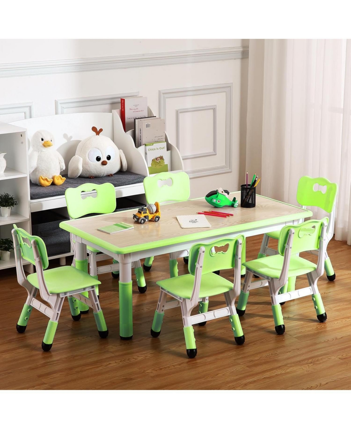 gaomon Kids Table and Chairs Set, Toddler Height Adjustable Desk with Graffiti Desktop, Arts & Crafts Table With 6 Seats, Non-Slip Legs, Max 300lbs, S