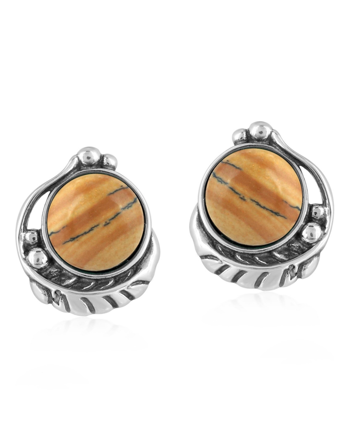 Sterling Silver Picture Jasper Gemstone Leaf Design Button Earrings - Picture jasper