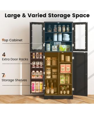 Tall Kitchen Pantry Cabinet with Dual Tempered Glass Doors and Shelves