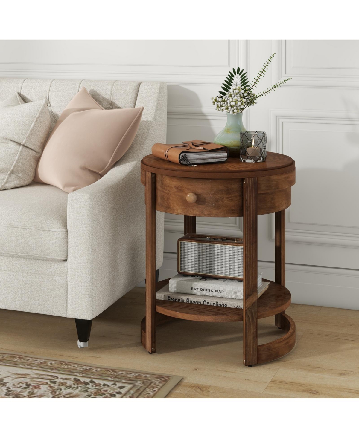 Gouun 2-Tier Round End Table Mid Century Modern Nightstand with Drawer and Shelf