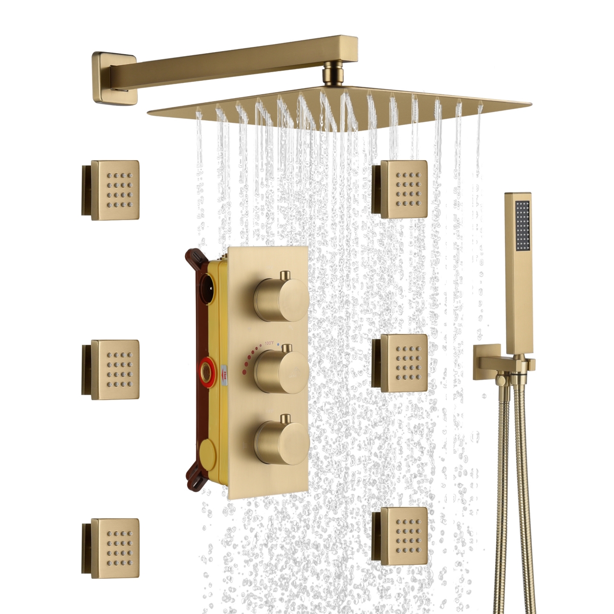 12 Inch Luxury Thermostatic Complete Shower System with Rough-in Valve - Brushed gold