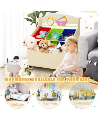 Kids Wooden Toy Storage Unit Organizer w/Rolling Toy Box &amp; Plastic Bins