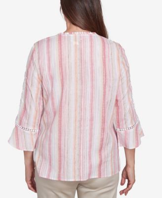 Women's Coming Up Roses Striped Button Down Embroidered Sleeve Top