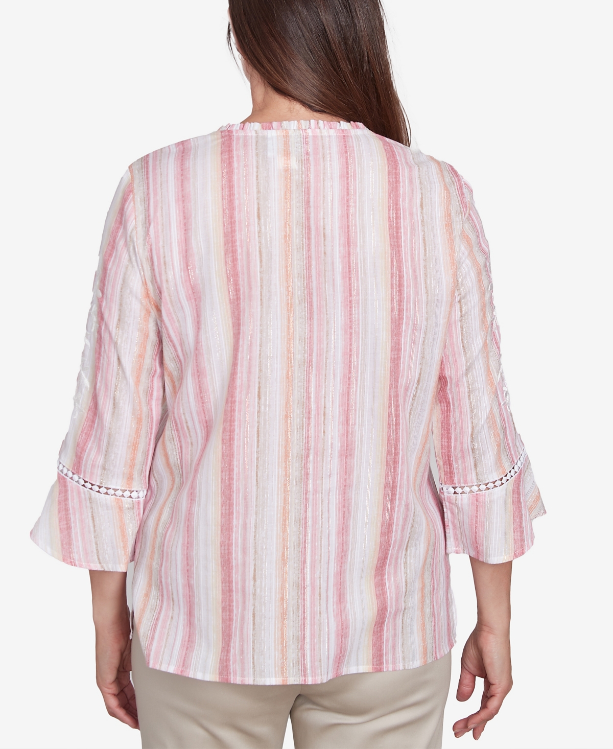 Alfred Dunner Petite Button Down Embroidered Sleeve Top In Multi Pink