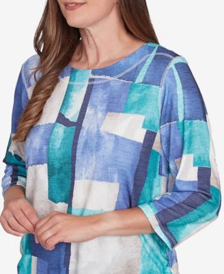 Women's French Quarter Blue Tone Box Print Ruched Top