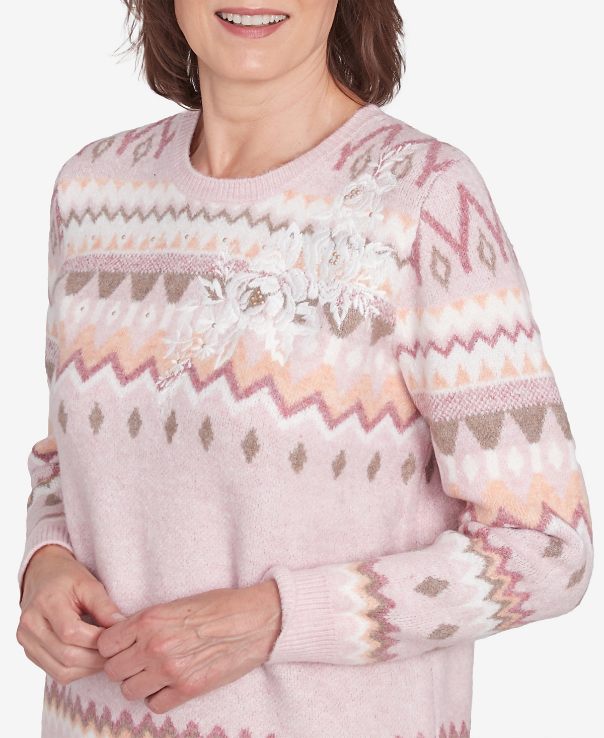 Alfred Dunner Women's Telluride Floral Embroidered Fairisle Sweater