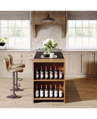 55" Kitchen Island with Storage, Farmhouse 5-Tier Stationary Island Table with 5 Shelves, Wood Coffee Bar Table Storage Cabinet with Large Countertop for Kitchen