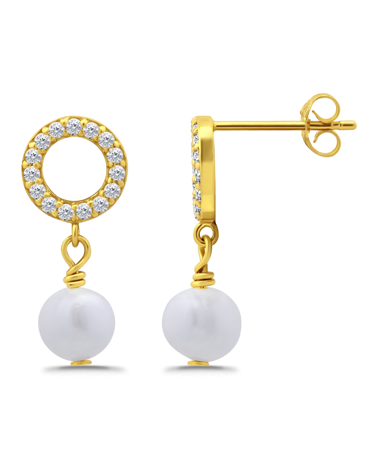 Macy's Freshwater Cultured Pearl Drop Cubic Zirconia Open Circle Post Earrings In Gold