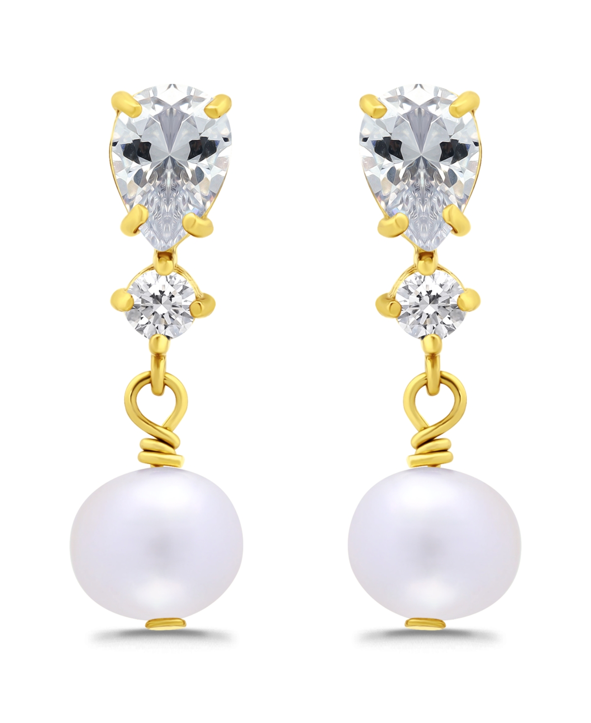 Macy's Freshwater Cultured Pearl Drop Cubic Zirconia Post Earrings In Gold