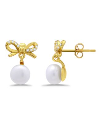 Freshwater Cultured Pearl Cubic Zirconia Bow Post Earrings