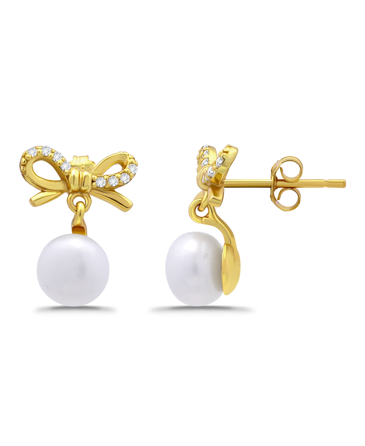 Macy's Freshwater Cultured Pearl Cubic Zirconia Bow Post Earrings In Gold