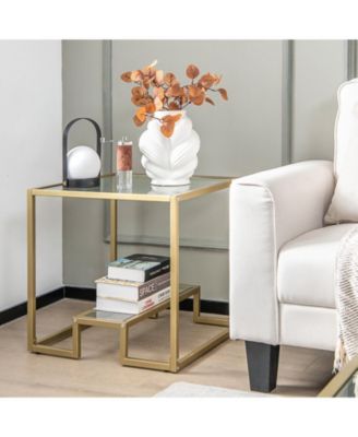 22 Inch 2-Tier Square Sofa Side Table with Tempered Glass Tabletop