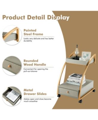 Modern 2-Tier Rolling End Table with Tray Top and Pull-Out Drawer
