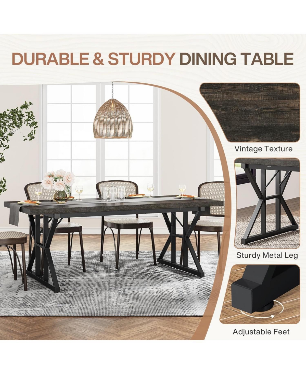 Tribesigns Farmhouse Dining Table for 6 People, 70.8-Inch Rectangular Wood Dining Table, Rustic Kitchen Table with Heavy Duty Metal Legs for Dining Ro