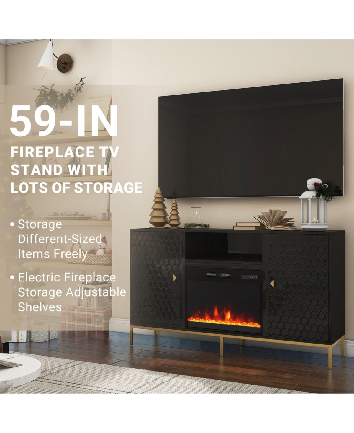 Mondawe Tv Stand with Electric Fireplace With Remote Control and Able to place items- Black