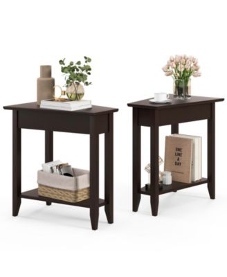 2-Tier Wedge Narrow End Table with Storage Shelf and Solid Wood Legs