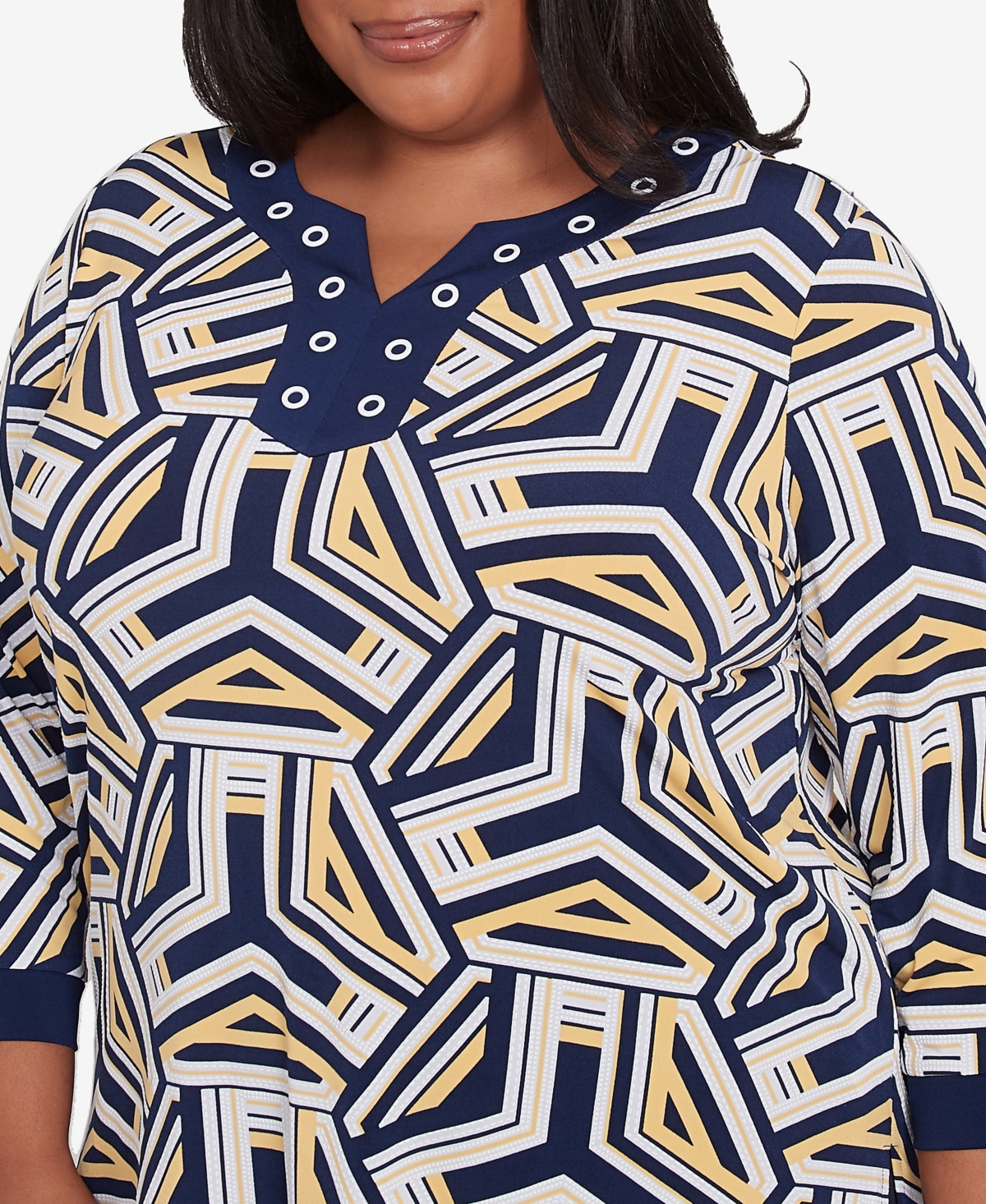 Alfred Dunner Plus Size Block Island Geometric Grommet Trim Top In Navy Multi