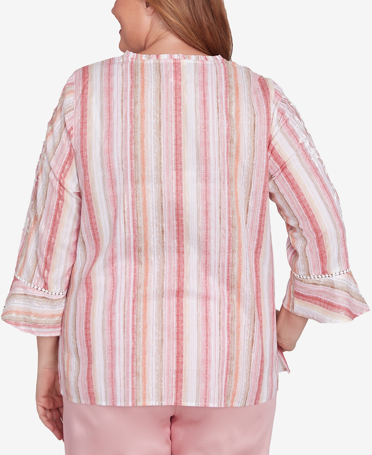 Alfred Dunner Plus Size Coming Up Roses Striped Button Down Embroidered Sleeve Top In Pink Multi