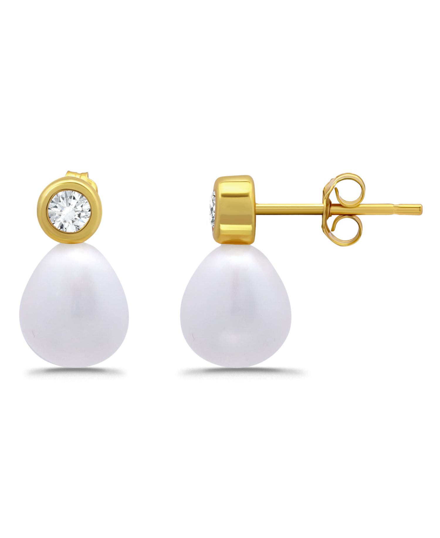 Teardrop Freshwater Cultured Pearl Cubic Zirconia Bezel Set Post Earrings