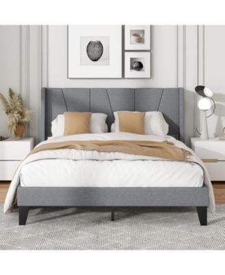 Full Size Bed Frame with Wingback Headboard and Wood Slat Support-Full Size