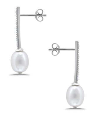 White Cultured Pearl and Cubic Zirconia Bar Drop Earring