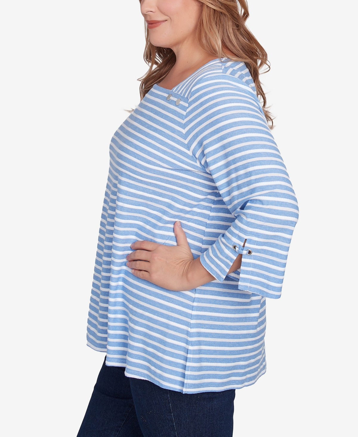 Ruby Rd. Plus Size Ribbon Stripe Laced Sleeve Top In Azure Multi