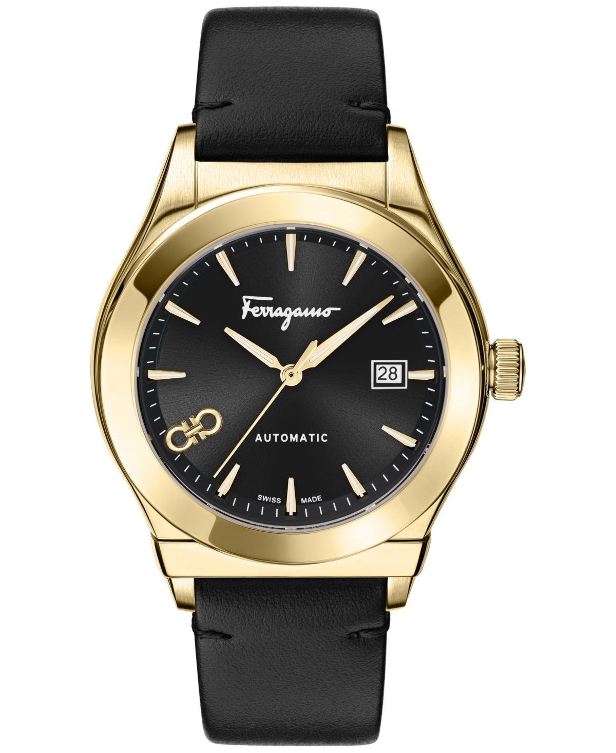 Ferragamo Men's Swiss Automatic 1927 Black Leather Strap Watch 42mm In Gold