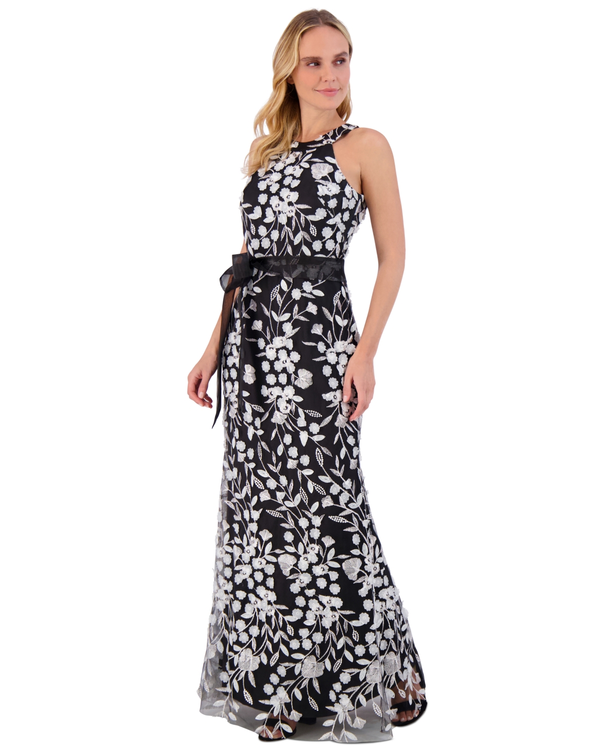 ELIZA J PETITE FLORAL-EMBROIDERED SLEEVELESS GOWN 