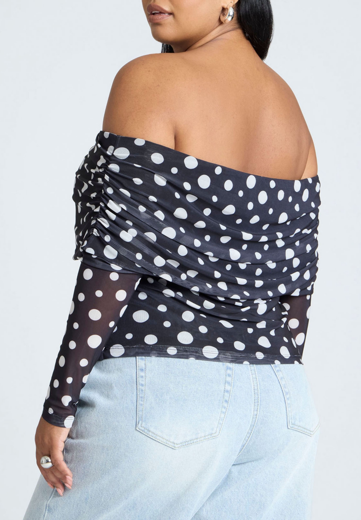 Eloquii Plus Size Off The Shoulder Polka Dot Top - Black and white