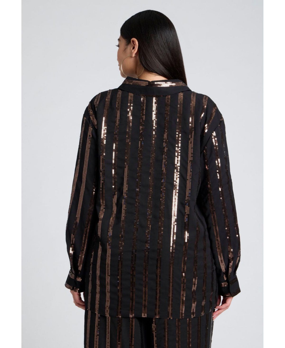 Eloquii Plus Size Sequin Stripe Oversized Button Up Shirt - Black and bronze
