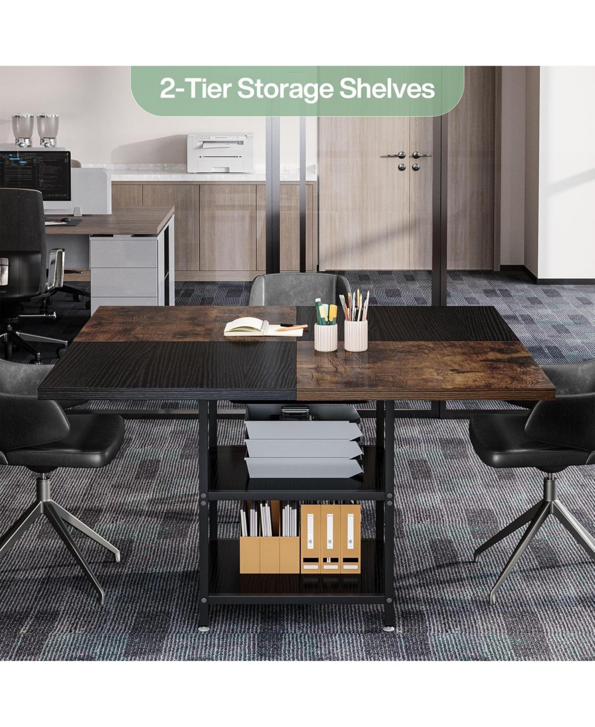 Tribesigns 47-inch Square Conference Table, Wood Seminar Table With Storage And Splicing Tabletop, Business Fur In Brown  Black