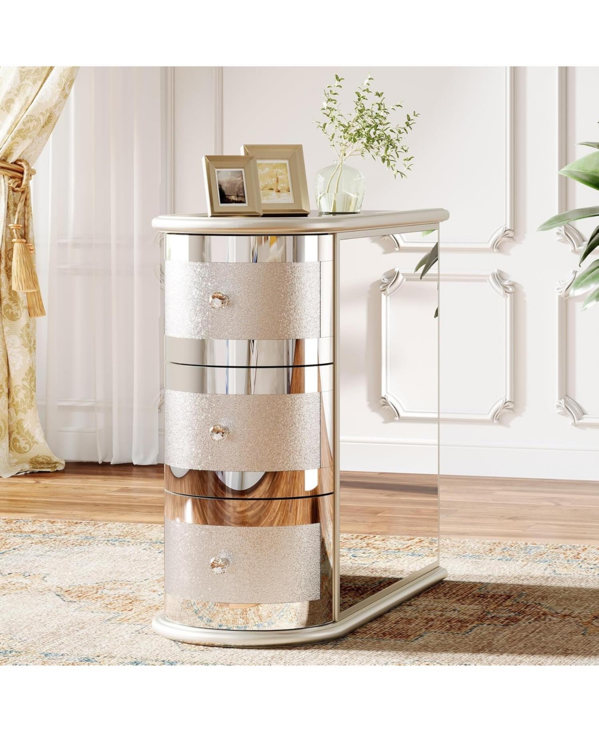 Tribesigns Wood End Table, 3-Drawer Mirrored Side Table, Narrow Sofa Side Table, No Assembly Required, Slim Nightstand Bedside Table for Living Room