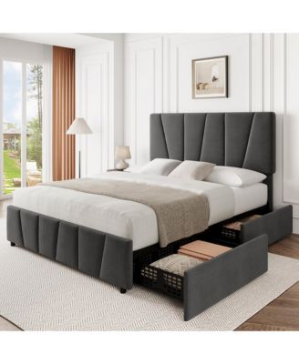 Full Size Bed Frame with Adjustable Headboard and 4 Storage Drawers, Upholstered Platform Bed Frame