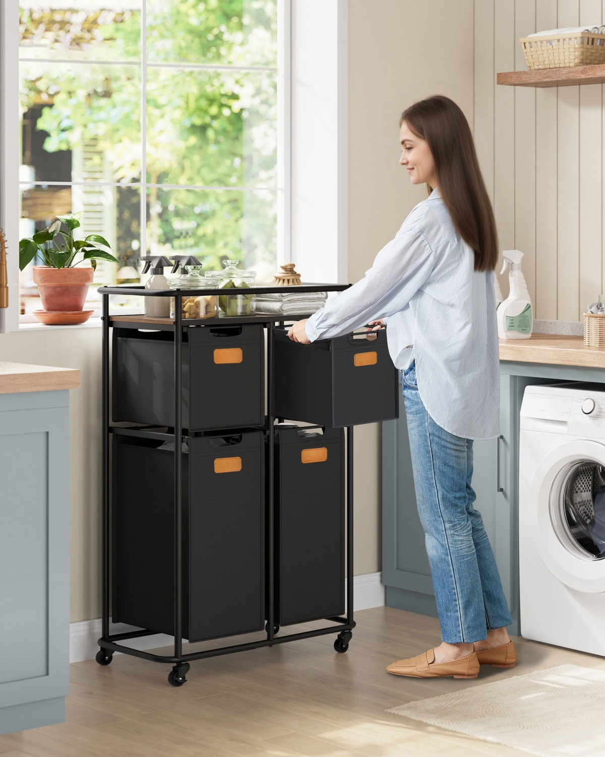 Slickblue 150L Rolling Laundry Sorter with Wheels, 4 Removable Liners, Shelf & 6 Labels for Easy Organization