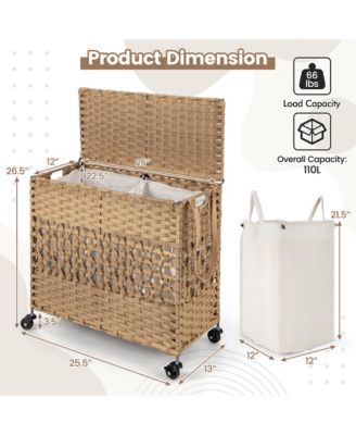 110L Laundry Hamper with Wheels Clothes Basket Lid and Handle and 2 Liner Bags