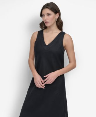 DKNY - Women's Linen Panelled V-Neck Midi Dress
