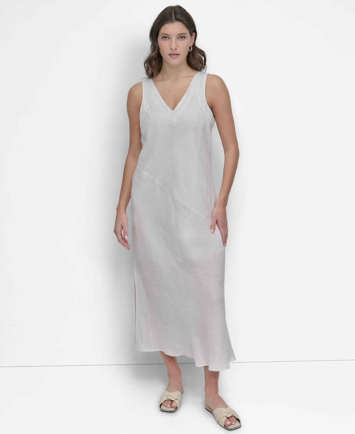 DKNY WOMEN'S LINEN PANELLED V-NECK MIDI DRESS 
