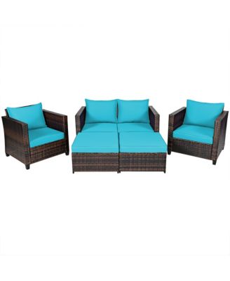 5PCS Patio Rattan Furniture Set Loveseat Sofa Ottoman Cushioned