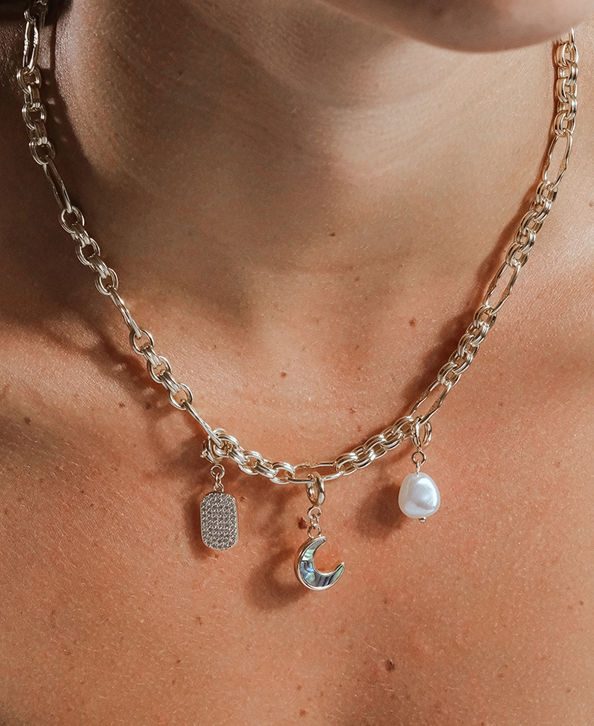 Sterling Forever Tegan Textured Long Link Necklace In Silver