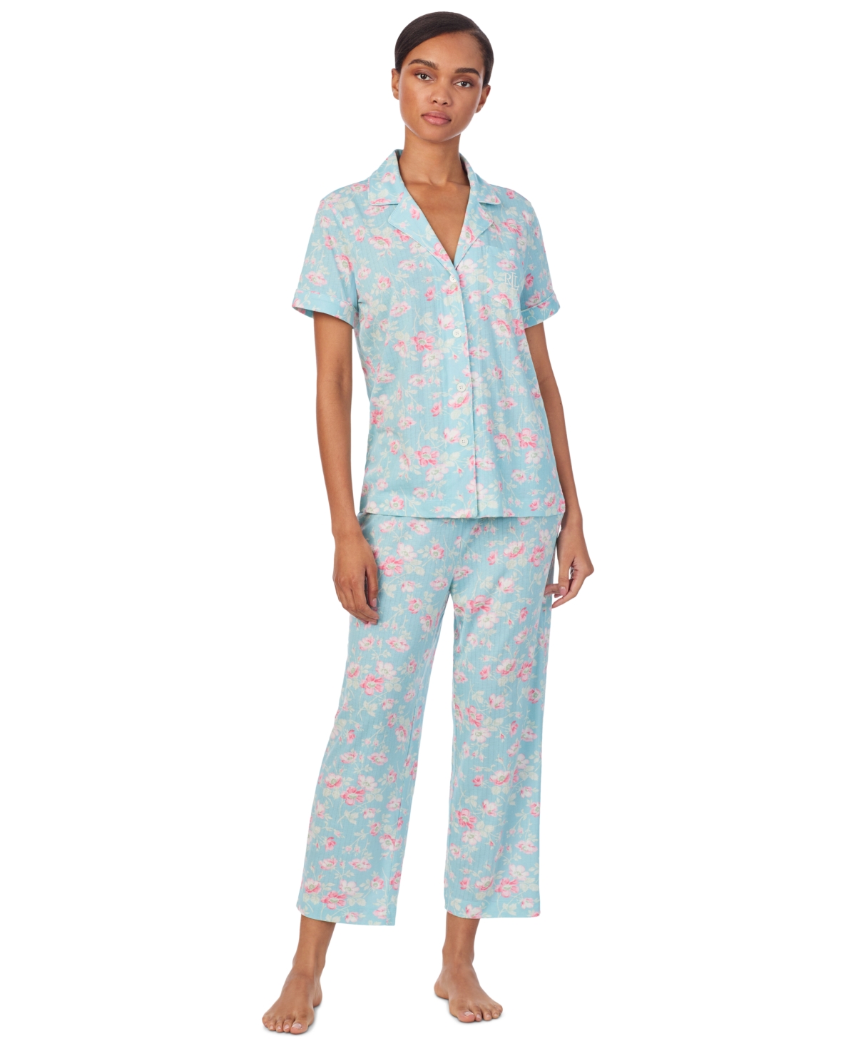 Shop Ralph Lauren Women's 2-pc. Short-sleeve Notch-collar Cropped-pant Pajama Set In Blue Floral