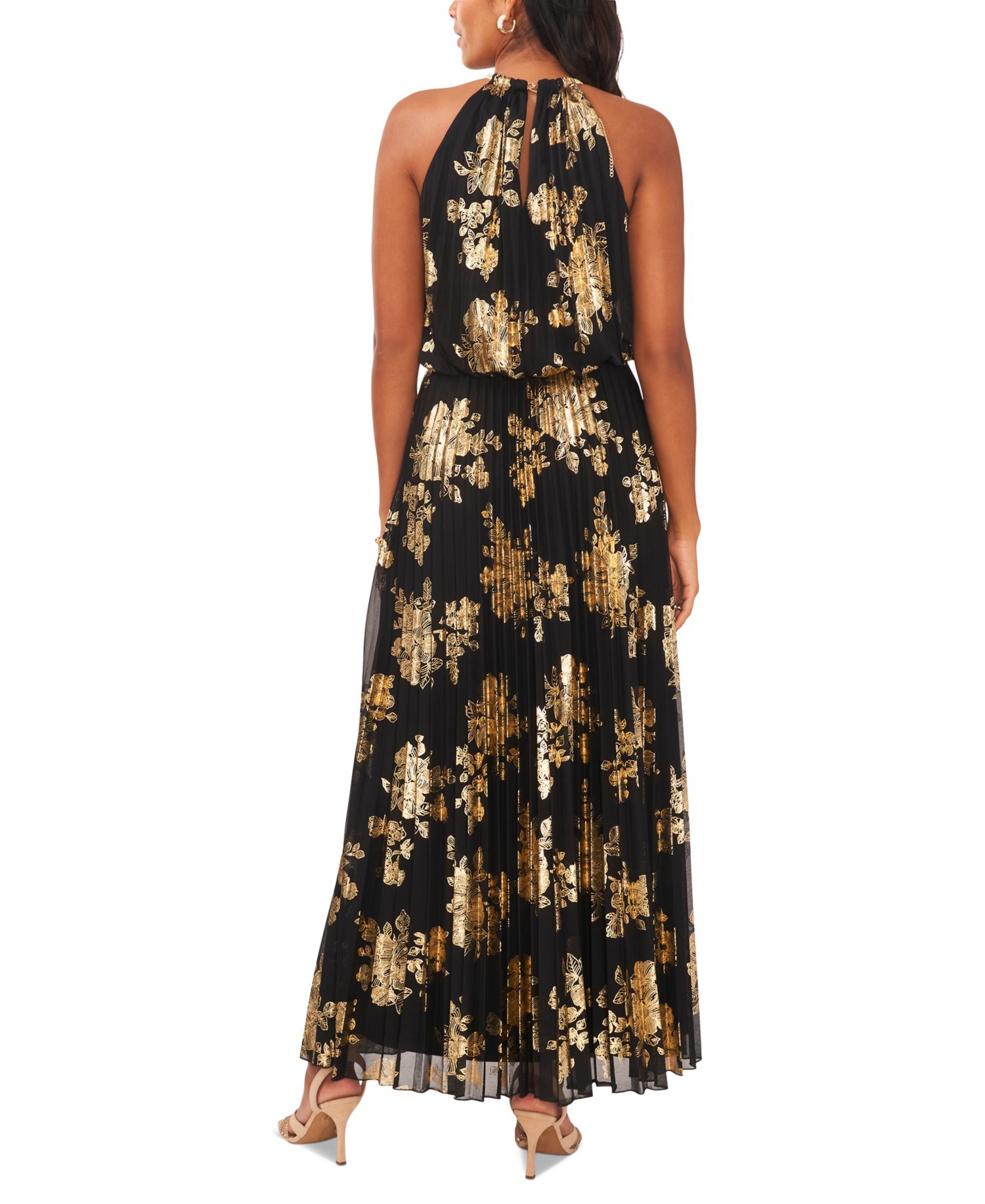 Metallic-Print Pleated Blouson Gown