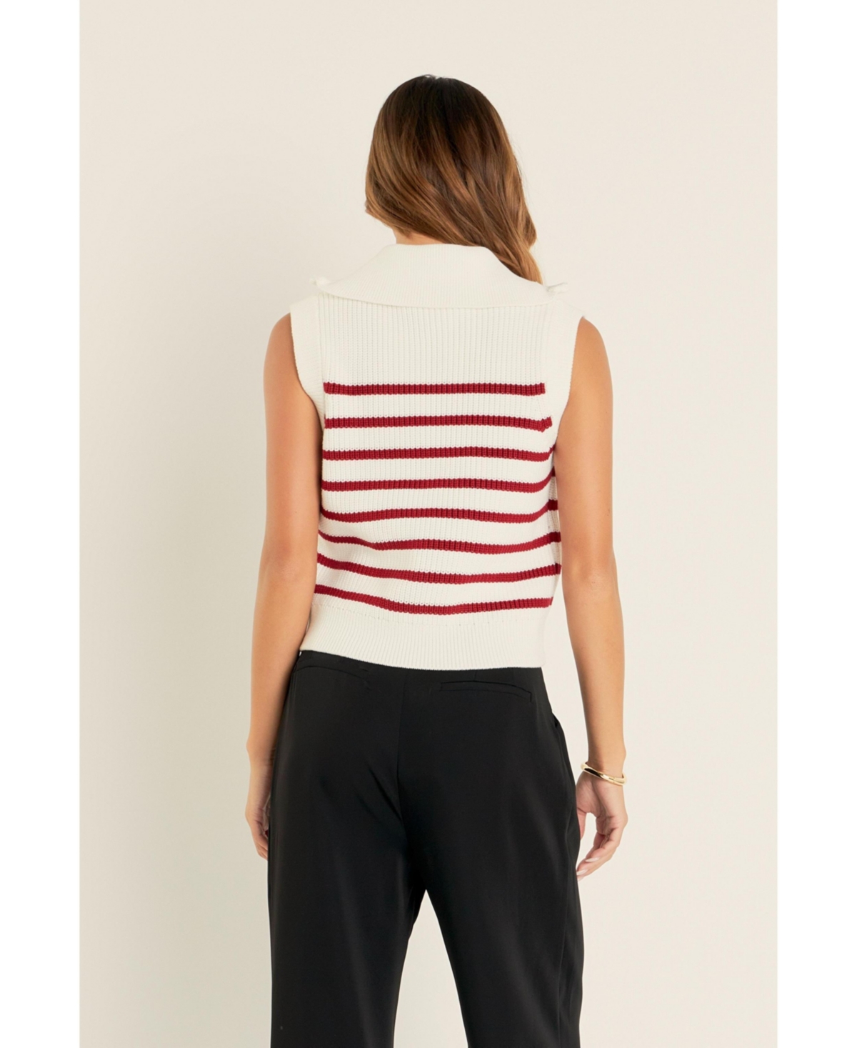 English Factory Women's Stripe Half Zip Up Sleeveless Knit Top -burgundy