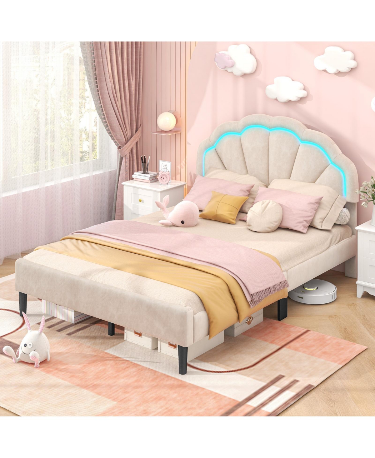 Gouun Upholstered Led Bed Frame with Adjustable Flower Headboard and Metal Support Feet-Fullkhaki