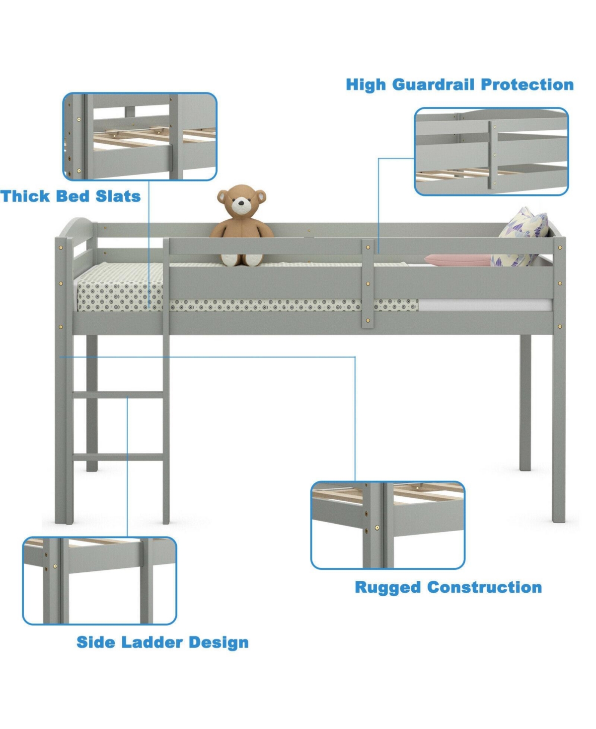 Gouun Wooden Twin Low Loft Bunk Bed with Guard Rail and Ladder