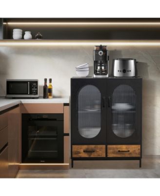 Kitchen Industrial Buffet Sideboard with Tempered Glass Doors