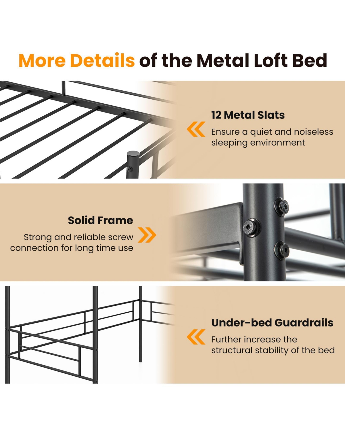 Gouun Metal Loft Twin Bed Frame Single High Loft Bed