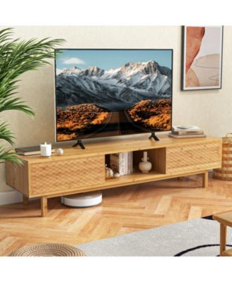 63 Inches Mid Century Modern Bamboo TV Stand with Sliding Doors
