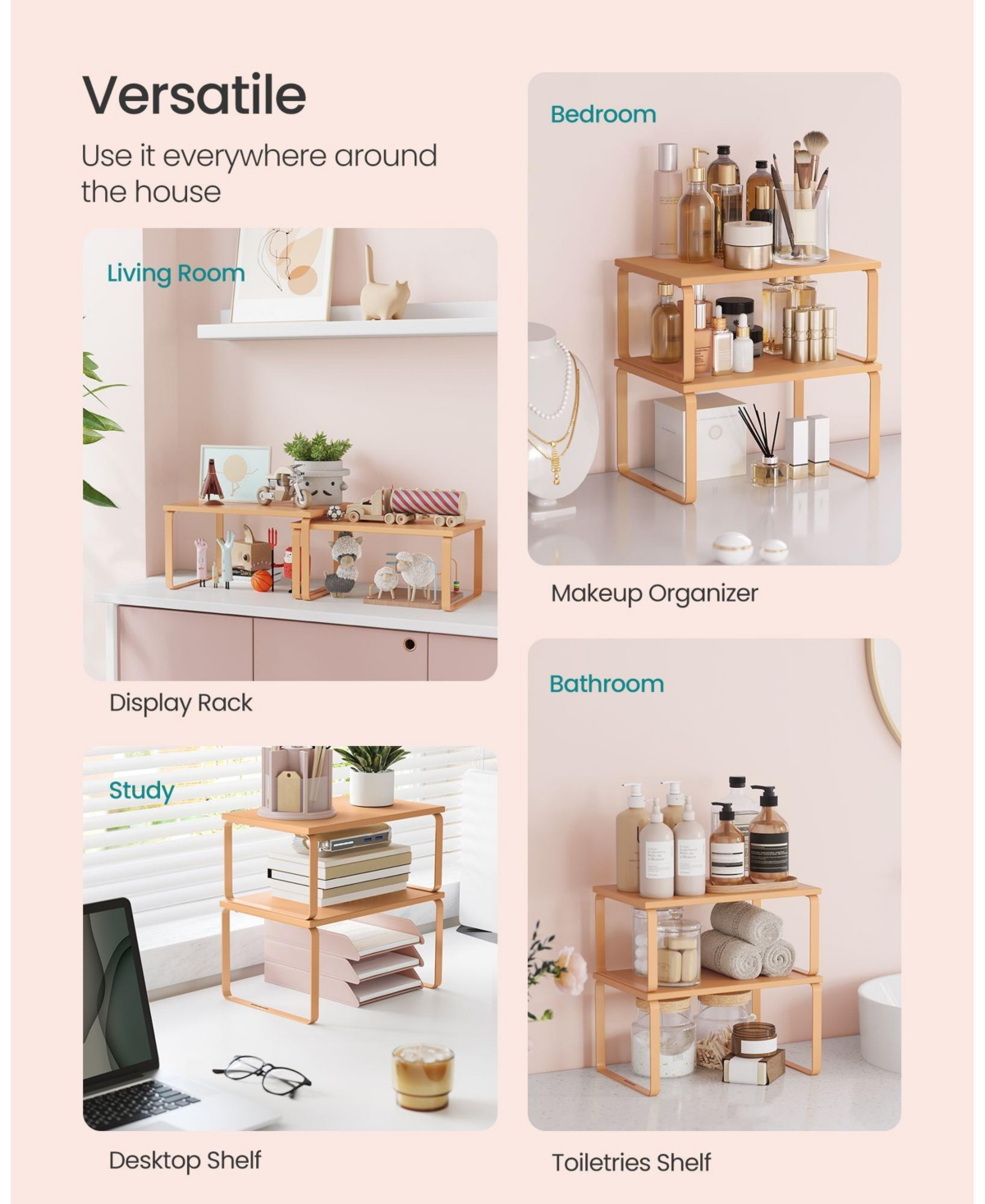 Slickblue Set of 2 Cabinet Organizer Shelves, Stackable & Expandable Kitchen Storage Spice Rack, Metal & Engineered Wood